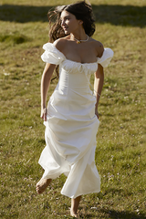 Square Neck Puff Sleeve Ruched Cinch Waist Plain Maxi Dresses-White