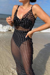 Polka Dot Print See Through Mesh Tied Up Maxi Slip Dresses-Black