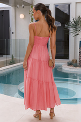 Front Tie Up Spaghetti Strap A-Line Flowy Shirred Maxi Dresses-Pink