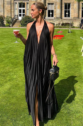Sleeveless Pleated Halter Backless Loose Fit A-Line Slit Cocktail Party Maxi Dresses