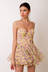 Cami Floral Print Sweetheart Neck Backless Tie Up Pleated Flowy A-Line Mini Dresses