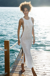 U Neck Sleeveless O-Ring Side Cut Out Vacation Crochet Maxi Dresses-White