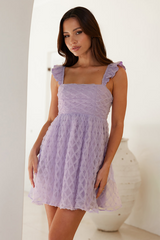 Frilled Straps Boat Neck A-Line Textured Mini Dresses-Purple