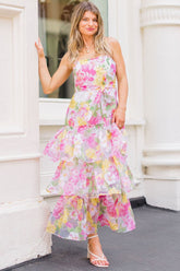 Spaghetti Strap Floral Print Tied Up Tiered Maxi Dresses-Pink