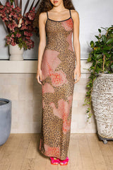 Leopard Print Slim-Fit Cocktail Party Maxi Slip Dresses-Brown