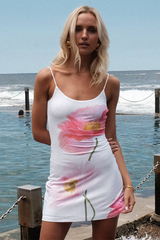 Floral Print Slim Fit Open Back Slip Mini Dresses-White