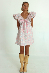 Floral Print V Neck Puffy Sleeve Tie-Up Ribbon A-Line Mini Dresses-Pink