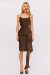 Lace Trim Slim Fit Tie Up Streamer Spaghetti Strap Midi Dresses-Brown