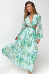 Deep V Neck Cutout Floral Print Ring Decor Long Puffy Sleeve Backless Vacation Maxi Dresses