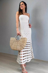 Knit Strapless Slim Fit Hollow Out Vacation Maxi Dresses-White