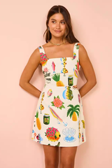 Vacation Mixed Prints Square Neck Thick Straps A-Line Mini Dresses-Beige