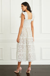 Square Neck Flutter Lace See-Through A-Line Midi Dresses-White