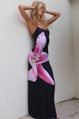 Spaghetti Strap Slim Fit Floral Print Slip Maxi Dresses-Black