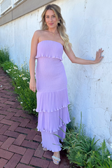 Boat Neck Strapless Layered Ruffled Plain Maxi Dresses-Purple Pre Order