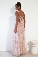 Ditsy Floral Print Frill Straps Backless Tulle Gowns Maxi Dresses-Pink