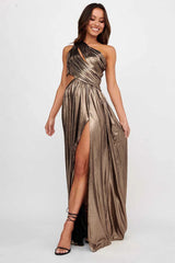 Sheen Metallic Finish One Shoulder Cut Out High Slit Formal Party Maxi Dresses