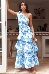 Floral Print One Shoulder Ribbon Layered Hem Wedding Guest Maxi Dresses-Blue