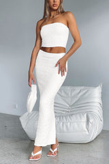 Textured Crop Tube Top Split Bodycon Maxi Skirt Matching Set-White
