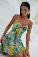 Lace Trim Floral Print Backless Irregular Mini Slip Dresses-Green