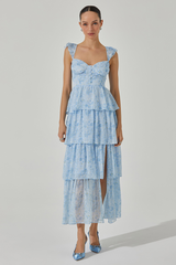 Ruffled Straps Tiered Flounced Slit Maxi Dresses-Blue