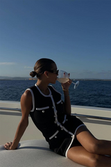 Colorblock Button Up Round Neck Slim Fit Knit Mini Tank Dresses-Black