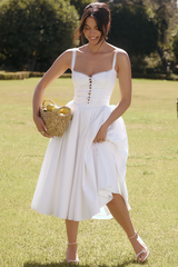 Lace Trim Front Lace Up Corset A-Line Slip Midi Dresses-White Pre Order