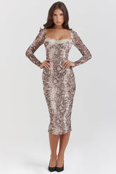 Snake Print Square Neck Lace Long Sleeve Bodycon Midi Dresses-Brown
