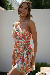 One Shoulder Floral Print Ruched Tie Mini Dresses