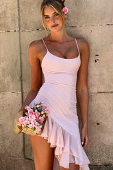 Spaghetti Strap Slim Fit Flounced Asymmetrical Mini Dresses-Pink Pre Order