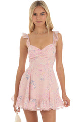 Ruffle Sleeveless Floral A-Line Lace-Up Back Mini Dresses-Pink