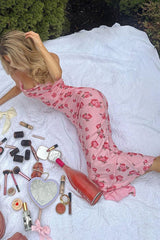 Cowl Neck Floral Print Garden Party Flowy Maxi Slip Dresses-Pink