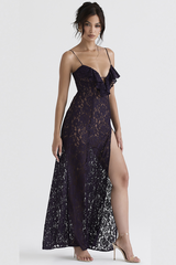 Floral Jacquard Lace Ruffled Deep V Neck High Slit Maxi Slip Dresses-Black