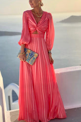 Long Sleeve V Neck Vacation Maxi Dresses-Red