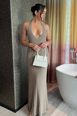 V Neck Halter Pleated Solid Color Knit Backless Maxi Dresses-Brown