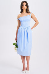 Cowl Neck Lace Up Cinch Waist Solid Color Midi Dresses-Blue Pre Order