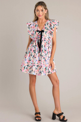 Floral Print V Neck Bow Decor Ruffled Sleeve A-Line Mini Dresses-Pink