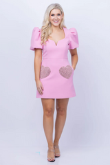 Irregular Neck Puff Sleeve Sequin Heart Pattern Slim Fit Mini Dresses-Pink