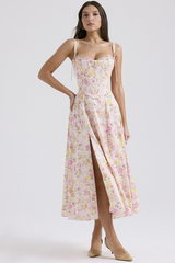 Floral Print Cami Corset A-Line Midi Dresses-Pink
