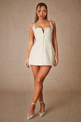 Wide Straps Single-Breasted A-Line Textured Mini Dresses-White