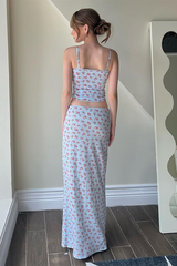 Ditsy Floral Print Crop Cami Low-Rise Slim Fit Maxi Skirt Matching Set-Blue