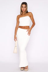 Textured Crop Tube Top Split Bodycon Maxi Skirt Matching Set-White