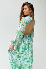Deep V Neck Cutout Floral Print Ring Decor Long Puffy Sleeve Backless Vacation Maxi Dresses