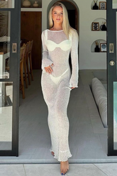 Long Sleeve Backless Slim Fit Knit See Through Cover Ups Vacation Maxi Dresses-White