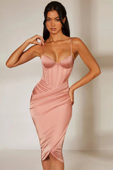 White Cami V Neck Ruched Corset Wrapped Pleated Bodycon Satin Evening Gown Midi Dresses