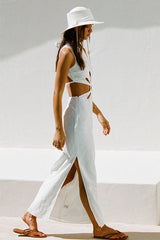 White Cutout Hollow Out Tied Up Sleeveless High Neck Slit Slim Maxi Dresses