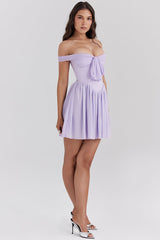 Off Shoulder Tie Up Bow Cinch Waist Ruched Mini Dresses-Purple