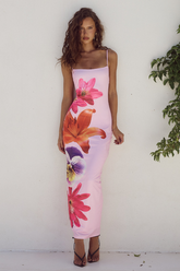Floral Print Boat Neckline Slim Fit Maxi Strappy Dresses-Pink