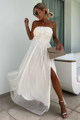 Floral Textured Pattern Strapless A-Line Slit Flowy Maxi Dresses-White