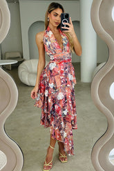 Boho Print Halter V Neck Irregular Hem Maxi Dresses-Red Pre Order
