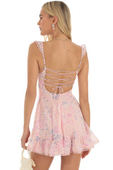 Ruffle Sleeveless Floral A-Line Lace-Up Back Mini Dresses-Pink
